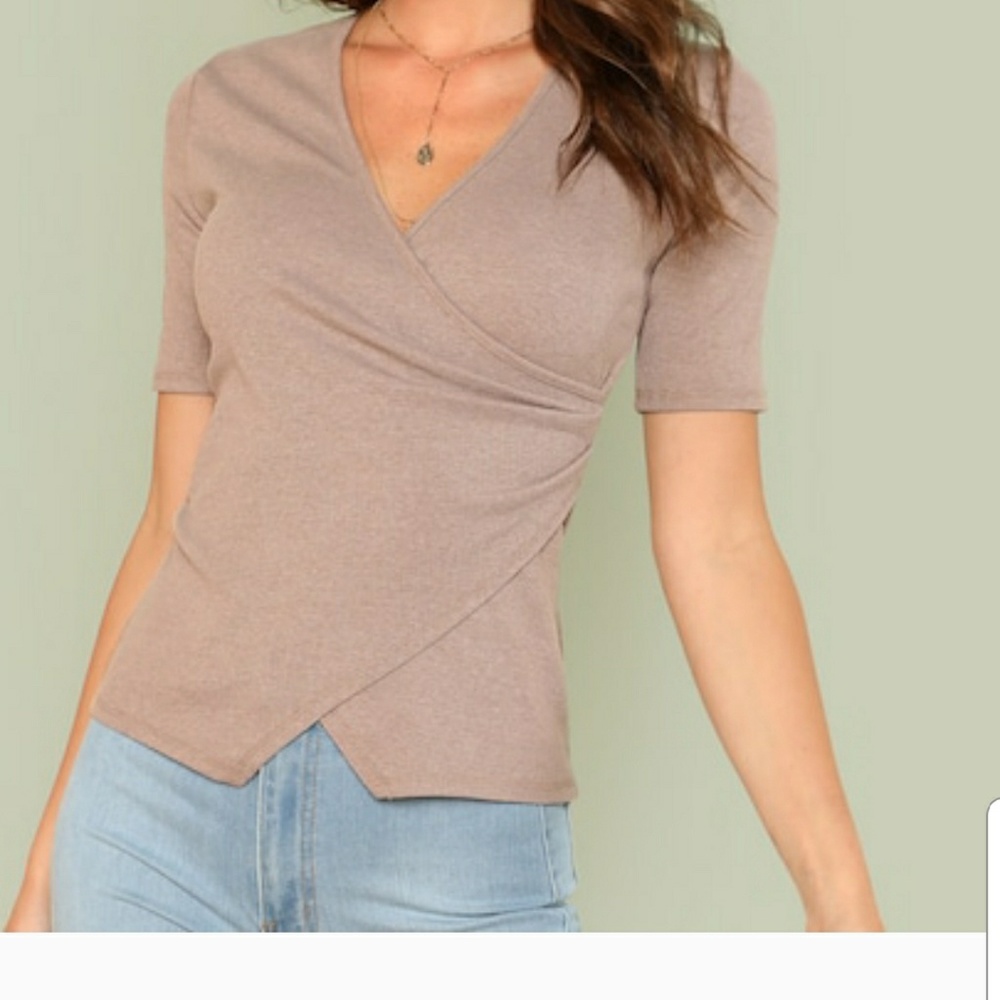 Ribbed knit overlap fitted khaki top size M